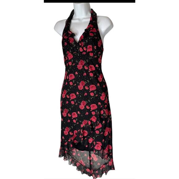 VTG Y2K Rampage Dark Floral Mesh Halter Babydoll Whimsygoth Fairy Slip Dress S - Picture 1 of 13